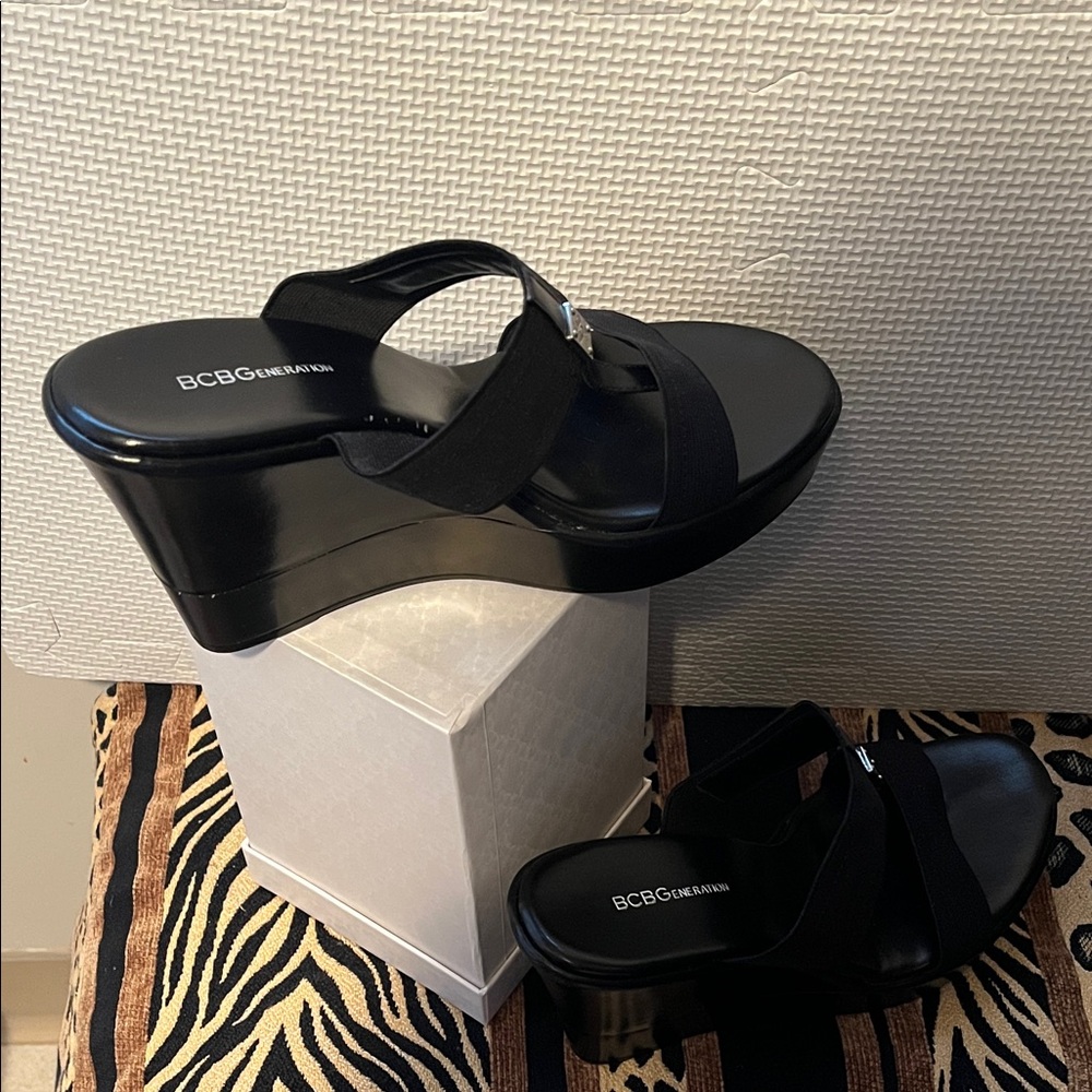 BCBG Black Wedge Slides